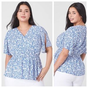 Lane Bryant Blue and White Floral V-Neck Peplum Blouse